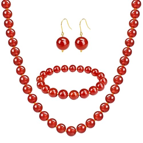 Gemstone Beaded Necklace for Women, Trendy 18K Gold Plated Hematite Natural Stone Bead Choker, Boho Handmade Summer Beach Necklaces for Women Everyday Western Jewelry Gifts - color: Red Carnelian