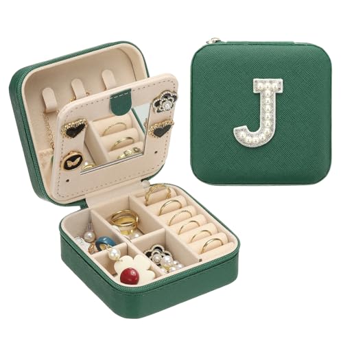 PATIKIL Travel Jewelry Case, J Initial Small Travel Jewelry Box Organizer Rings Earrings Storage Case Personalized Gifts for Women Girls Birthday Christmas Bridesmaid Gifts, Dark Green - style: J