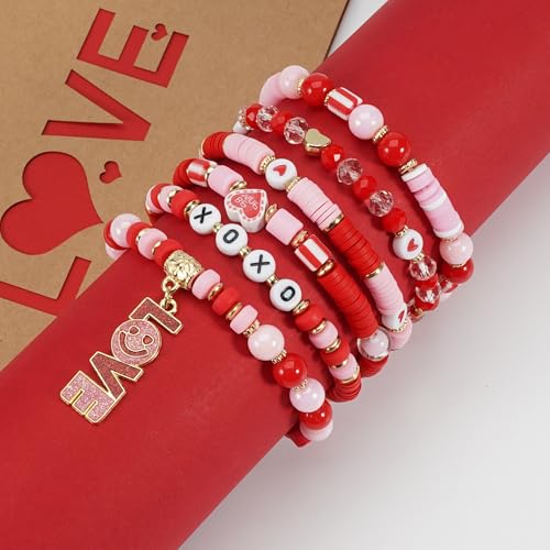 6PCS Valentine’s Day Clay Heishi Bracelet Set for Women- Red Pink Heart Love KISS XOXO Beaded Stretch Bracelets - Handmade Polymer Clay Crystal Glass Stackable Jewelry Gift for Galentine's Anniversary - color: LOVE-08