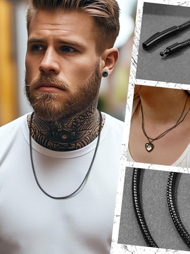 FaithHeart Stainless Steel Chains for Men, Silver/Black/14K Gold Plated Snake/Wheat/Box/Rope/Rolo Chain Necklace 16-30 Inches with Delicate Gift Box - color: 01. Snake Chain-Black, size: Length 30 Inches