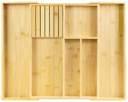 VaeFae Bamboo Silverware Drawer Organizer Kitchen, Expandable Utensil Organizer with Knife Block, Cutlery Tray with Divider, Multifunctional Drawer Organizer - color: Natural, size: 6 Slot with block