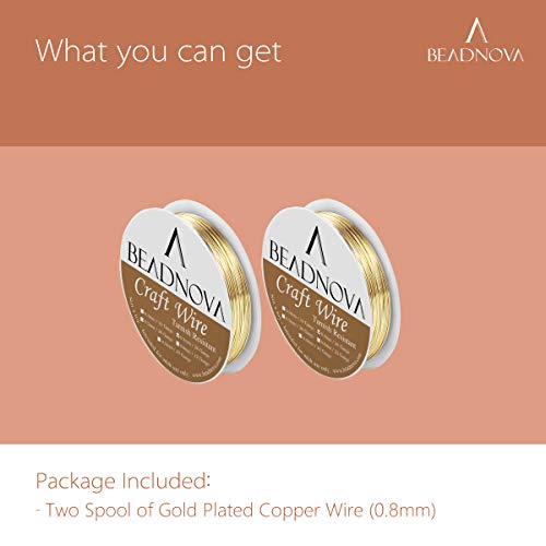 BEADNOVA Bare Copper Wire Tarnish Resistant Jewelry Making Wire (Gold Plated, 20 Gauge) - size: 0.8mm