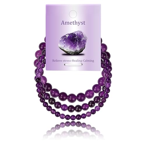 3Pcs Natural Healing Crystal Bracelets for Women Men, 4mm 6mm 8mm Beaded Stretch Bracelet Set, Black Tourmaline Natural Stone Gemstone Jewelry Gifts for Meditation, Reiki & Yoga - color: Amethyst