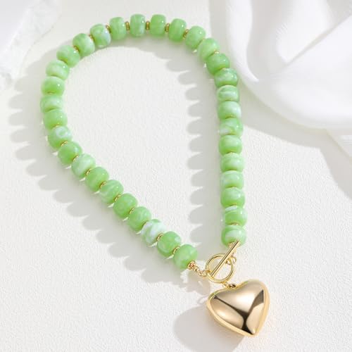GZQ Chunky Gold Heart Necklace for Women, Resin Beaded Chain with Puff Heart Adjustable Clasp, Perfect for Daily Wear Party Date Streetwear Outfits Fashion Jewelry Gift - color: Grass Green