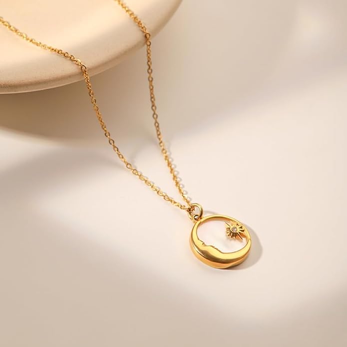 IBARA Women Gold Dianty Necklace Sun Crescent Moon Star Evil Eye Lock Lovely Heart Flower Butterfly Pearl Pendant Coin Necklaces 18K Gold CZ Diamond Filled Chain Boho Beach Simple Handmade Jewelry