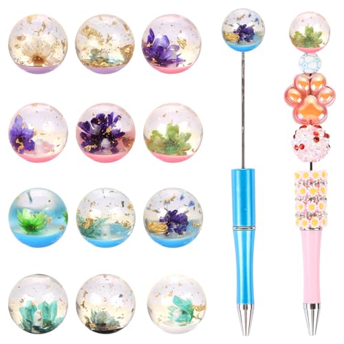 12Pcs Cute Dried Flower Pen Cap Beads for Beadable Pens Colorful Half-Hole Focal Beads for DIY Craft Bracelet Necklace Earrings Keychain Jewelry Making - color: Dried Flower