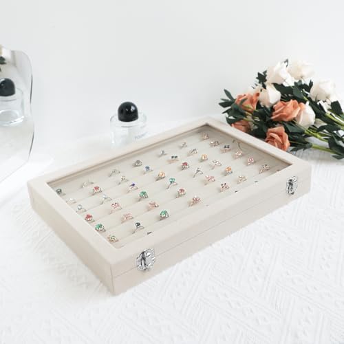 Wudygirl Ring Display with Clear Lid Organizer and Showcase Rings Box with 7 Slots Jewelry Tray for Drawer Velvet Rings Holder Accessories Storage (Beige Velvet) - style: Beige Ring Tray