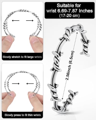 Stainless Steel Cuff Bracelet,Retro Gothic Punk Biker Cool Open Adjustable Cuff Bangle Bracelets Jewelry for Men Silver - style: Barbed Wire