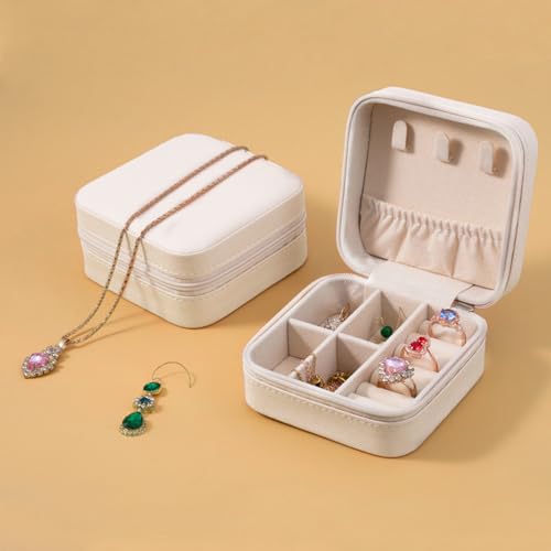Travel Jewelry Case 2 Pack Mini Travel jewelry Box Portable Organizer Women Girls Gift Box for Rings Earrings Necklaces Bracelets - color: Off white