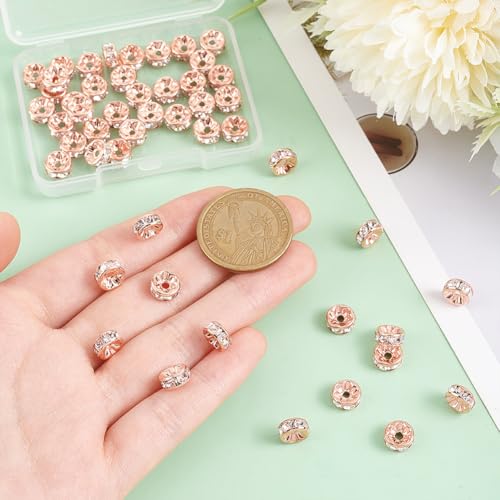 PH PandaHall 50pcs Rondelle Spacer Beads, 8mm Crystal Rhinestone Round Beads Sparkling Czech Rhinestone Loose Bead with 1.5mm Hole for Bracelet Necklace Earring Pendant Jewelry Craft, Rose Gold - color: Rose Gold, size: Diameter 8mm