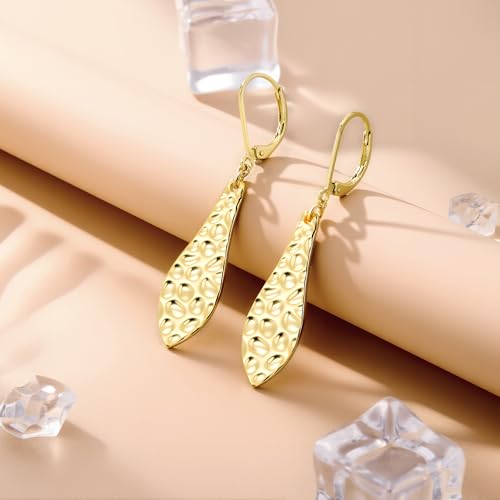 ALEXCRAFT 925 Sterling Silver Dangle Earrings for Women, 14K Gold Plated French Leverback Earrings, Hypoallergenic Lightweight Statement Hammer Square Bar Long Drop Earing for Women Trendy Jewelry - color: GoldB