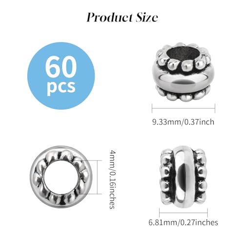 60Pcs Antique Silver Barrel European Beads 4mm Large Hole Spacer Beads Silver European Rondelle Bead Bulk Antique Tibetan Metal Column Barrel Charm Bead for Bracelets Earring Necklace Jewelry Making