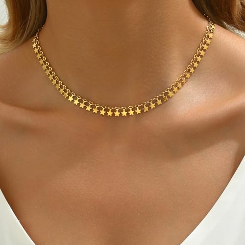 Gold Chain Necklace for Women 18K Gold Plated Dainty Star Cross Heart Cuabn Choker Chains Stainless Steel Trendy Jewelry Christmas Gifts - color: Tiny Star
