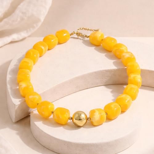 Mchic Colorful Beaded Choker Necklace for Women: Boho Large Square Acrylic Beaded Necklace Stainless Steel Adjustable Surfer Beach Strand Necklaces Summer Handmade Jewelry Gift for Women - color: Yellow