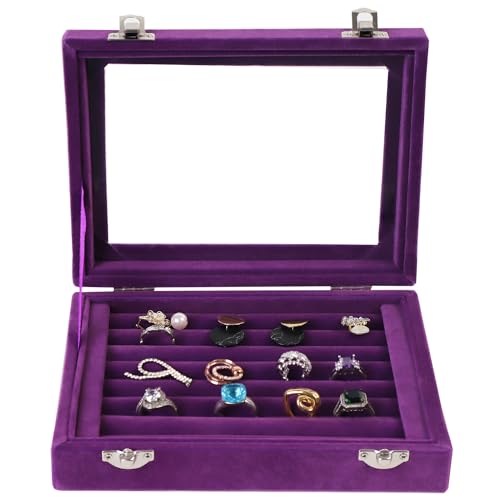 Jewelry Box Rings Organizer Tray 7 Slots Velvet Jewelry Earring Storage Box With Transparent Lid Jewelry Display Case for Girls Women (Purple) - color: Purple