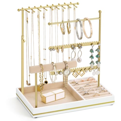 Emibele Jewelry Holder, Jewelry Organizer Stand Necklace Earrings Bracelet Holder, 5 Tier Jewelry Display Tower Rack with Metal Frame and Velvet Ring Tray, Aesthetic Jewelry Stand Gift for Women, Gold - color: Gold & White