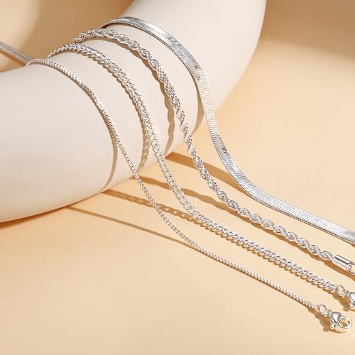Tewiky Layered Necklaces for Women Non Tarnish- Chunky 14k Gold Plated Herringbone/Snake/Rope/Box/Cuban Link Chain for Women Waterproof Layering Stack Choker Necklace Trendy Dainty Tarnish Free Jewelry Set - color: 4 Layered Necklace Silver