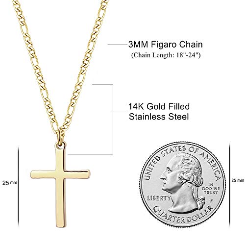Joxevyia 14K Gold Filled Cross Necklace for Men Figaro Chain Stainless Steel Polished Cross Pendant Necklace Simple Baptism Faith Jewelry Gift - size: 22 inches, style: small cross (1.0"*0.6")