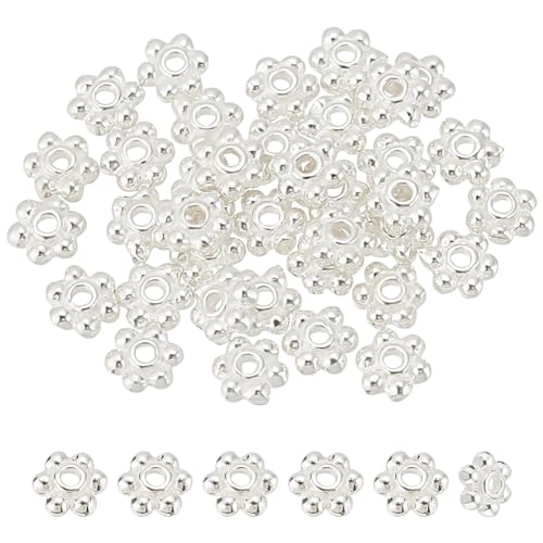BENECREAT 40PCS 925 Sterling Silver Daisy Spacer Beads, 3x1mm Flower Shape Septal Bead with Silver Polishing Cloth for Earrings, Necklaces, Pendants, Hole: 0.7mm