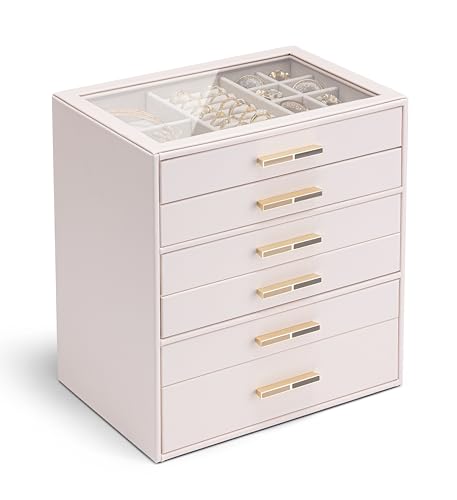 VLANDO 6 Layer Jewelry Box for Women, Glass Lid Jewelry Organizer with 6 Drawers for Necklaces Rings Earrings Bracelets - Light Pink - color: B. Pink, size: 6-Layer
