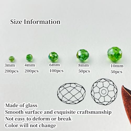 600pcs Crystal Glass Beads 3mm 4mm 6mm 8mm 10mm Rondelle Faceted Crystal Beads Spacer Beads for Necklace Bracelet Earrings DIY Jewelry Crafts Making Supplies(Green AB) - color: Green AB