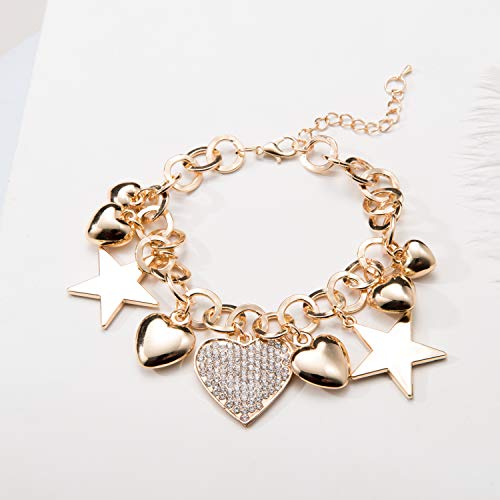 SILANER Gold Chain Link Bracelet - 7"+ 2" Extender 14K Gold Plated Love Locked Bracelets for Women, with Crystal, Love Heart,Key, Lock, Charm Bracelet - color: Stars and Hearts Charm