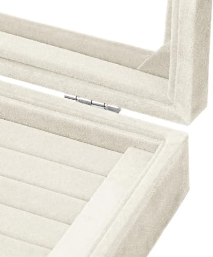 Jewelry Box Rings Organizer Tray 7 Slots Velvet Jewelry Earring Storage Box With Transparent Lid Jewelry Display Case for Girls Women (Beige) - color: Beige