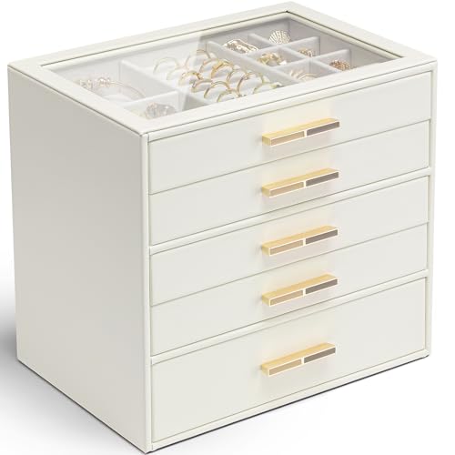 VLANDO 5 Layer Jewelry Box for Women, Glass Lid Jewelry Organizer with 5 Drawers for Necklaces Rings Earrings Bracelets - Cloud White - color: A. Cloud White, size: 5-Layer