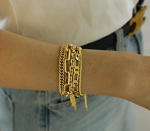 Waterproof Gold Chain Bracelet For Women Non Tarnish,14K Gold Plated Link Dainty Bracelets Stake Layered Bracelet Set Hypoallergen Gold Jewelry - color: Style-9