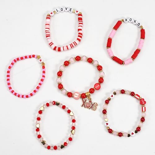 6PCS Valentine’s Day Clay Heishi Bracelet Set for Women- Red Pink Heart Love KISS XOXO Beaded Stretch Bracelets - Handmade Polymer Clay Crystal Glass Stackable Jewelry Gift for Galentine's Anniversary - color: LOVE-07