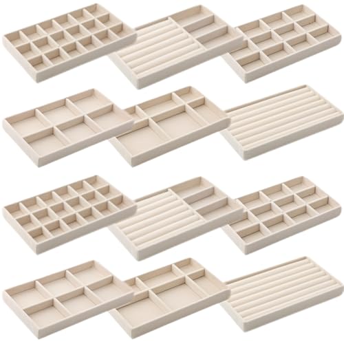 Inbagi 12 Pcs Small Velvet Jewelry Tray Stackable Jewelry Organizer Drawers Insert Divided Storage Display Trays for Earring Ring Brooch Watch Necklace Bracelet 8.3 x 5 x 1 Inches
