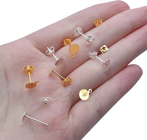 100Pcs 925 Sterling Silver Earrings Posts Flat Pad Ear Stud Hypoallergenic Blank Earring Pins with Loop and 925 Sterling Silver Earring Backs for Jewelry DIY Making Findings