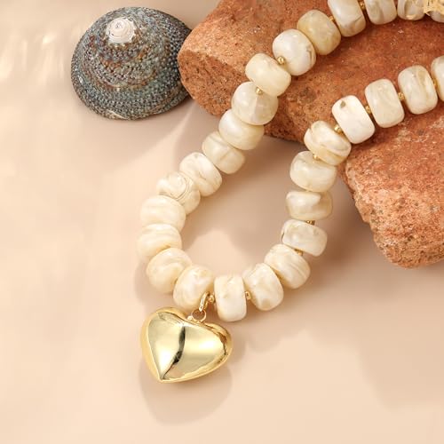 Chunky Heart Necklace for Women, Colorful Acrylic Beaded Statement Puff Heart Necklace, Cute Boho Y2K Choker Necklace for Gift Jewelry - color: Beige