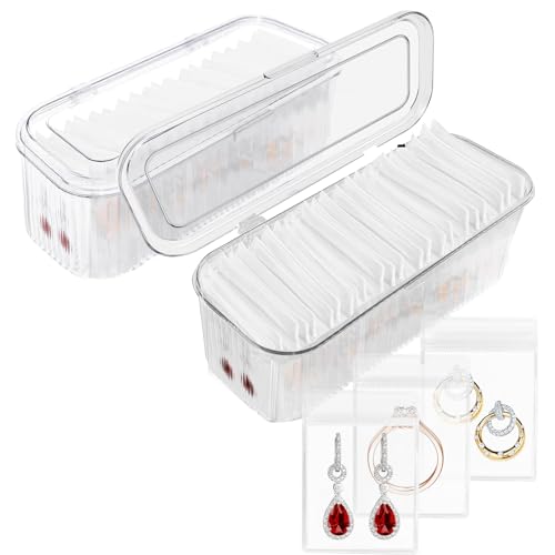 2 Packs Acrylic Jewelry Box with 100pcs PVC Portable Anti Oxidizing Zipper Bags Flip Lid Jewelry Organizer for Earrings Rings Necklaces Travel Jewelry Case