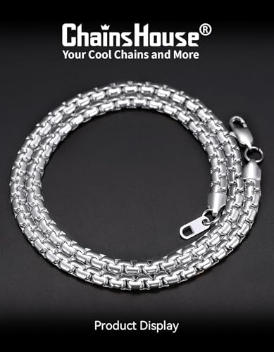 ChainsHouse Flat Box Chain Necklace Men, 2/4/6/8mm Round Link Chain Necklaces, Stainless Steel/Black/14K Gold Plated Mens Jewelry, 14"-30" Length, Come Gift Box - color: A-6mm-stainless, size: 22 Inches