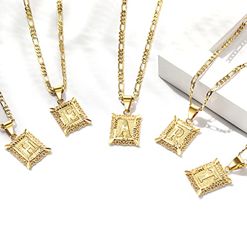 KissYan Initial Letter Pendant Necklace for Men Women, 14K Gold Plated Square Capital Monogram Necklace Alphabets from A-Z Figaro Chain Jewelry - color: 1-Gold, style: B