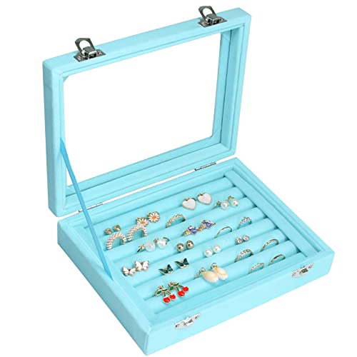 Vicoter Rings Organizer Tray 7 Slots Velvet Jewelry Earring Storage Box with Transparent lid Jewelry Display Case for Girls Wife Mom Women (Light Blue) - color: Light Blue