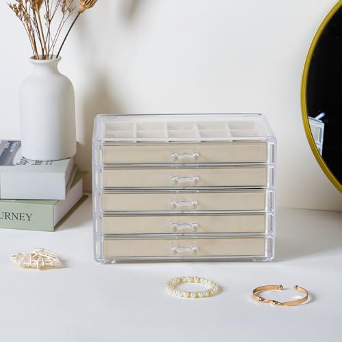 CLUQMEIK Acrylic Jewelry Organizer Box with 5 Drawers, 50 Grids Clear Earring Box Organizer with Adjustable Velvet Trays, Jewelry Storage Organizer for Women Girls, Beige