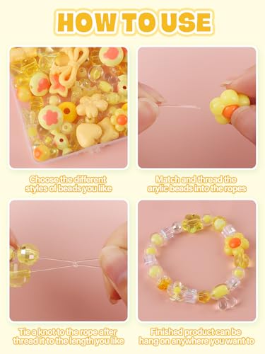 150PCS Acrylic Pastel Beads for Jewelry Making, Kalolary Colorful Bow Butterfly Flower Kawaii Plastic Candy Heart Cute Macaroon Aesthetic Beads for Bracelet Necklace DIY Supplies (Yellow) - color: Yellow