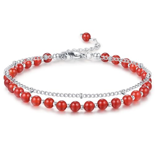 Peridot Stand Silver Gold Bracelets, Handmade Birthstone Stack Bracelet Crystal Gemstones Bead Chain Gift for Women, 8" - color: Red Agate