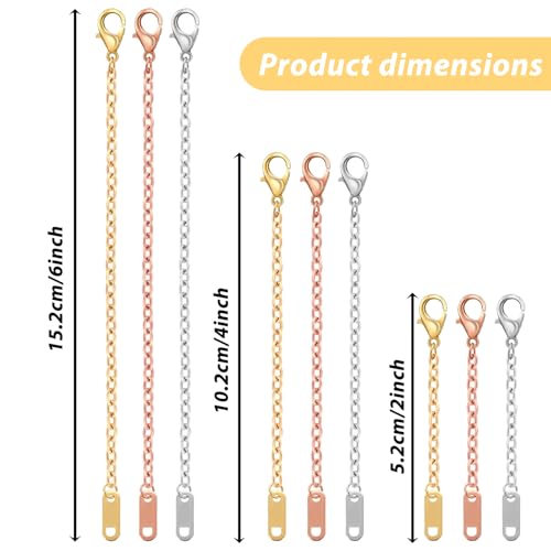 LXUEJIE 9 Pcs Necklace Extender, Rose Gold Necklace Extender, Alloy Necklaces Chain Extenders for Necklaces Bracelet Anklet, Delicate Chain Extenders (Gold/Silver/Rose Gold, 5/10/15cm)