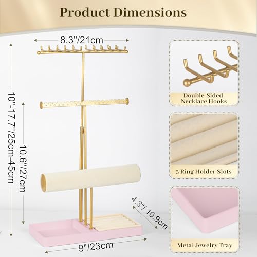Tirzah 3-Tier Adjustable Gold Jewelry Holder Organizer Stand with 20 Necklace Hooks, 18 Earring Holes and Notches, Bracelet Holder, 6 Ring Rolls, Pink Tray for Girls, Women - color: Gold & Pink, for Necklace Earring Bracelet