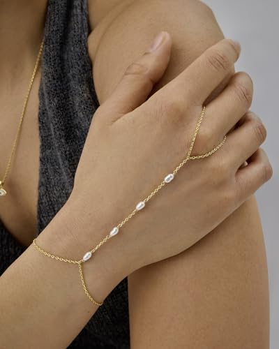 PAVOI 14K Gold Plated Hand Chains for Women - Adjustable Hand Chain Bracelet and Ring - Trendy Gold Handchain Bracelet Stack Summer Jewelry - Beads, Pearl, and Cubic Zirconia Body Jewelry - style: Pearl