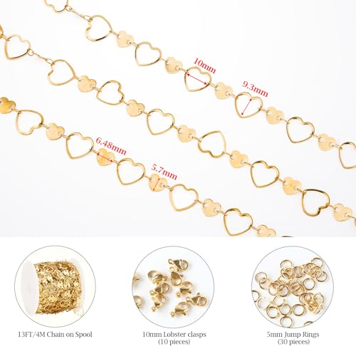 KYUNHOO 4 Meters Heart Chains for Jewelry Making Gold Plated Stainless Steel Chain Bulk on Spool for Women Make Crafts with Lobster Clasps Jump Rings - color: Heart Gold