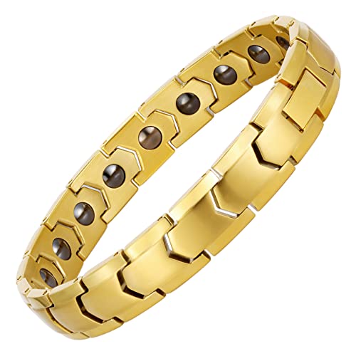Magnetic Hematite Bracelets for Men Women 316L Stainless Steel Power Balance Energy Magnets Stones Bracelet Jewelry Gift with Adjustment Tool - color: Gold