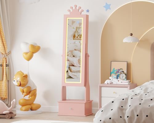 Kids Jewelry Armoire Cabinet with Full-Length Mirror,46"Jewelry Armoire with Led Light, Kids Jewelry Organizer with 3 Storage Drawers,Kids Vanity Dress Up Mirror Jewelry Cabinet for Girls（light Pink) - size: Light pink