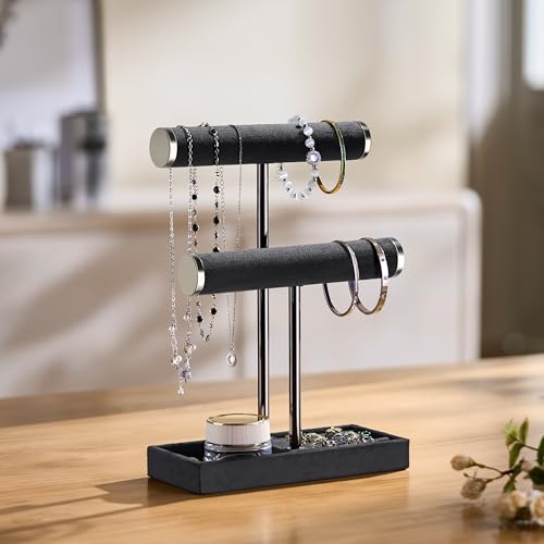 bussdis 2 Tier Bracelet Holder Display - Detachable T Bar Black Velvet Bracelet Holder, Jewelry Holder Organizer for Bracelet, Necklace, Earrings, Rings - color: Black