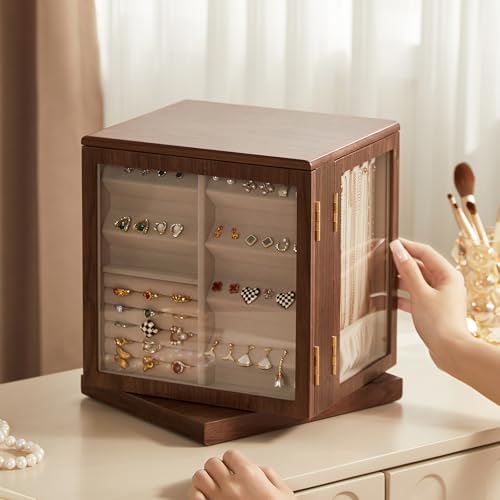 CHOSIN Black Walnut Wooden Jewelry Box, 360° Rotating Organizer with Glass Lid, 5 Drawers for Earrings, Rings, Necklaces – Vertical Jewelry Storage for Women Mothers Day Gifts for Mom - style: 360° Rotatable