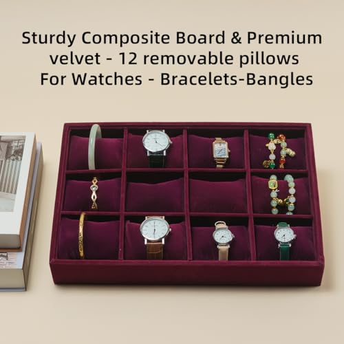 Jewelry Watch Tray, Purple Velvet Watch Jewelry Organizer 12 Grid, Stackable Watch Bracelet Bangle Display Holder, Adjustable Pillows, for Man Woman Show Birthday - color: Purple
