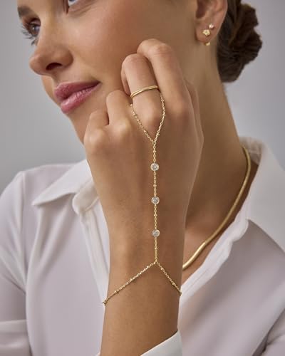 PAVOI 14K Gold Plated Hand Chains for Women - Adjustable Hand Chain Bracelet and Ring - Trendy Gold Handchain Bracelet Stack Summer Jewelry - Beads, Pearl, and Cubic Zirconia Body Jewelry - style: Bezel
